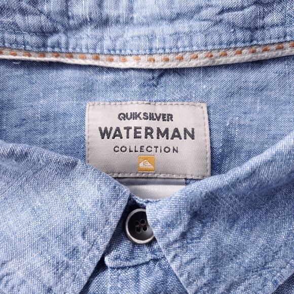 Quiksilver Waterman Button Up Shirt Mens L Blue Long Sleeve Linen Casual Preppy - Picture 9 of 12